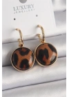 Pirinç Gold Renk Leopar Desenli Daire Model Kadın Küpe