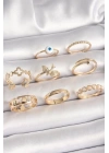 Pirinç Gold Renk Nazar Boncuk Model Kuş Detay Kadın Yüzük Kombini