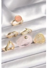 Pirinç Gold Renk Pembe Plastik Yüzük Model Daire Pembe Mine Yılan Detay 6Lı Kadın Yüzük Seti