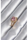 Pirinç Gold Renk Pembe Zirkon Taşlı Charm Kalp Model Kadın Yüzük