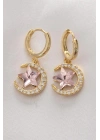 Pirinç Gold Renk Pembe Zirkon Taşlı Yıldız Detay Ay Küpe