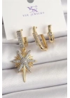 Pirinç Gold Renk Sallantı Zirkon Taşlı Kutup Yıldız Model 3Lü Kadın Kombin Küpe