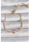 Pirinç Gold Renk Su Yolu Zirkon Taşlı Pembe Zirkon Taşlı Kalp Asansör Model Charm Kadın Bileklik