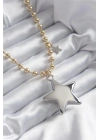 Pirinç Gold Renk Topçuk Zincir Gümüş 3D Yıldız Model Yıldız Detay VİP Kadın Kolye