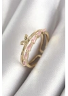 Pirinç Gold Renk Zirkon Taşlı Kelebek Figür Kadın Yüzük