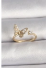 Pirinç Gold Renk Zirkon Taşlı Kelebek Model İnci Detay Ayarlanabilir Yüzük