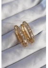 Pirinç Gold Renk Zirkon Taşlı Oval Model Küpe