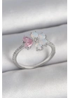 Pirinç Gümüş Renk Beyaz Mineli Pembe Zirkon Taşlı Çiçek Model Kadın Yüzük