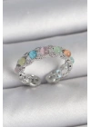 Pirinç Gümüş Renk Renkli Mineli Ayarlanabilir Kadın Yüzük