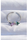Pirinç Gümüş Renk Renkli Zirkon Taşlı Ayarlanabilir Yüzük