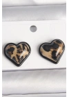 Pirinç Siyah Renk Leopar Desen 3D Kalp Model Kadın Küpe