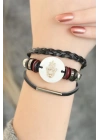 Siyah Renk Fatma Ana Eli Tasarım Çoklu Deri Bayan Bileklik