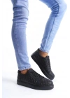SLW166 Prestige Bağcıklı Cilt Kapitone Desenli Erkek Günlük Sneaker Ayakkabı CST - Siyah