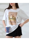 Varak Baskılı imza desen Kadın T-Shirt