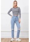 Yüksek bel yırtmaçlı mom jean pantolon
