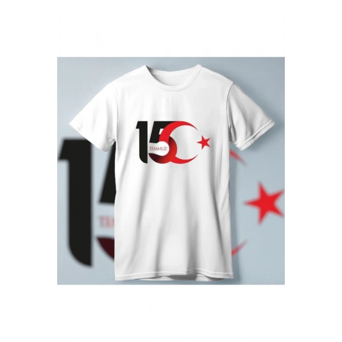 15 Temmuza Özel Tasarım Ay Yıldız Baskılı T-shirt - Beyaz