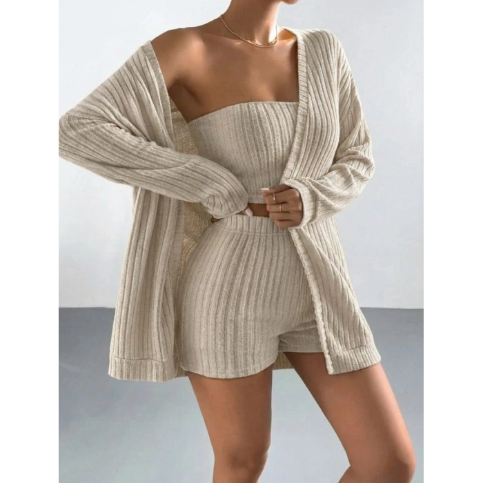 Kadın Uzun Kollu önü Açık şardonlu Kaşkorse Ceket Büstiyer Ve Short üçlü