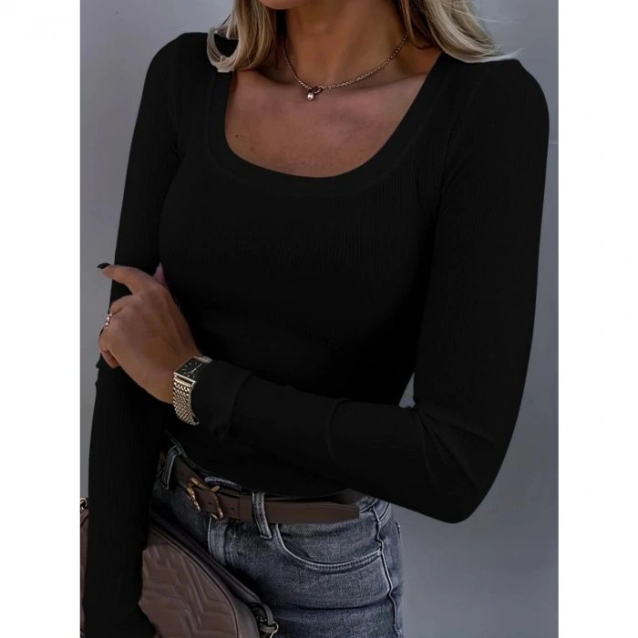 Kadın Uzun Kollu Derin Yuvarlak Yaka Kaşkorse Bluz