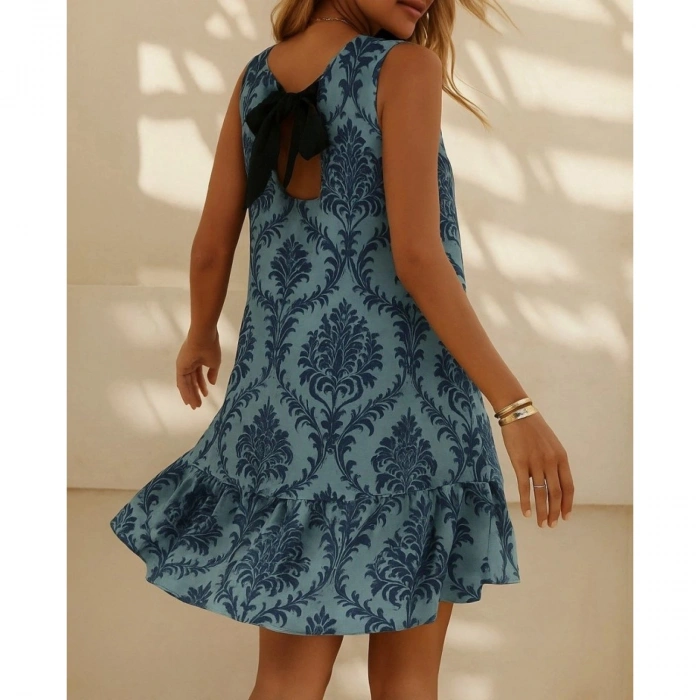 Kadın Kolsuz Sırttan Bağlamalı Fırfırlı Leopar Desenli Süprem Elbise