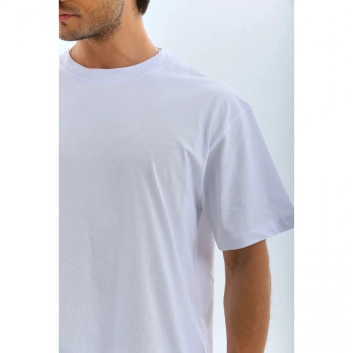 Unisex Oversize Düz Bisiklet Yaka T-Shirt - Beyaz