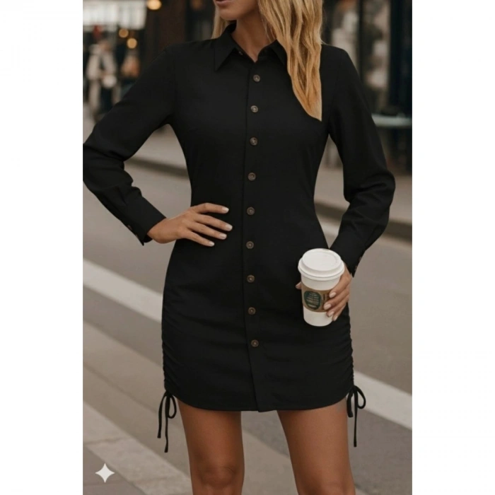 Kadın Uzun Kollu Gömlek Yaka önden Düğmeli Yanlardan Büzgülü Kısa Aerobin Elbise