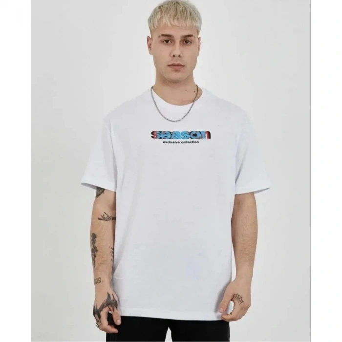 Unisex Bisiklet Yaka Baskılı Oversize T-Shirt - Beyaz