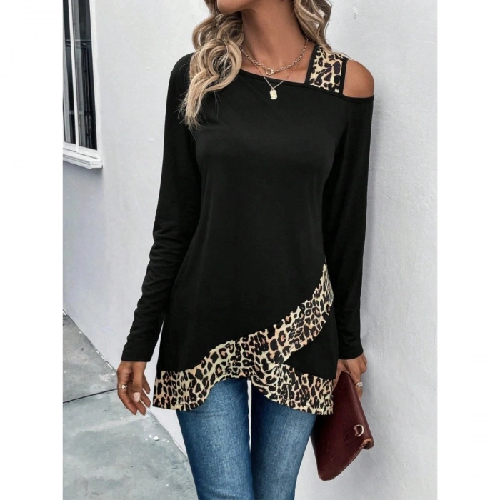 Kadın Tek O Uzdan Açık Askılı Uzun Kollu Leopar Detaylı Viskon Bluz