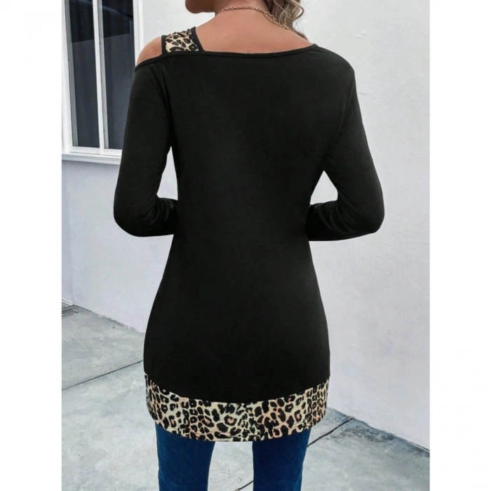 Kadın Tek O Uzdan Açık Askılı Uzun Kollu Leopar Detaylı Viskon Bluz