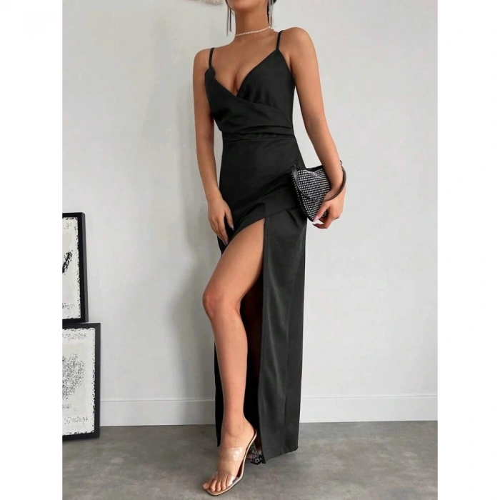 Kadın Askılı Kruvaze Yaka Derin Yırtmaçlı Krep Elbise