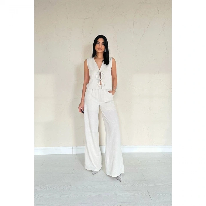 Bej Önü Fiyonklu Keten Takım