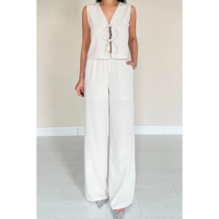 Bej Önü Fiyonklu Keten Takım