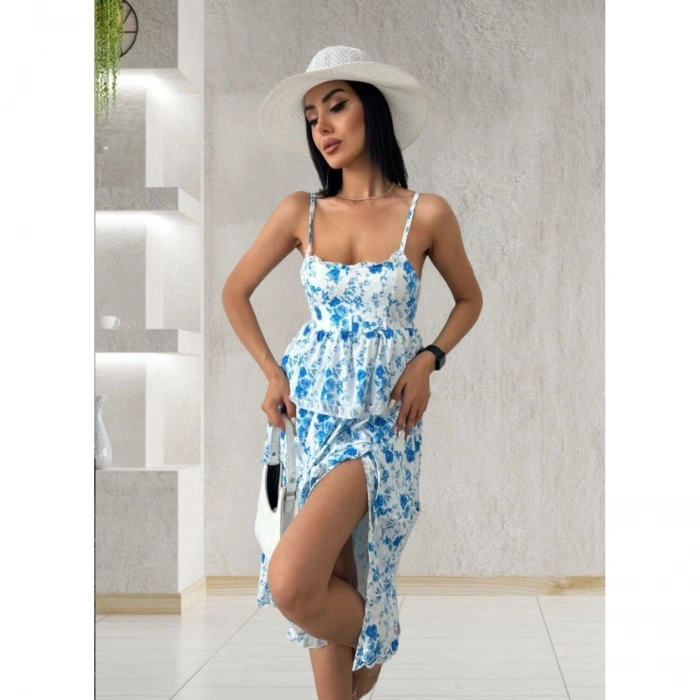 Kadın Sıfır Kol Askılı Dekolteli Yırtmaç Detay çiçek Baskılı Süprem Midi Elbise