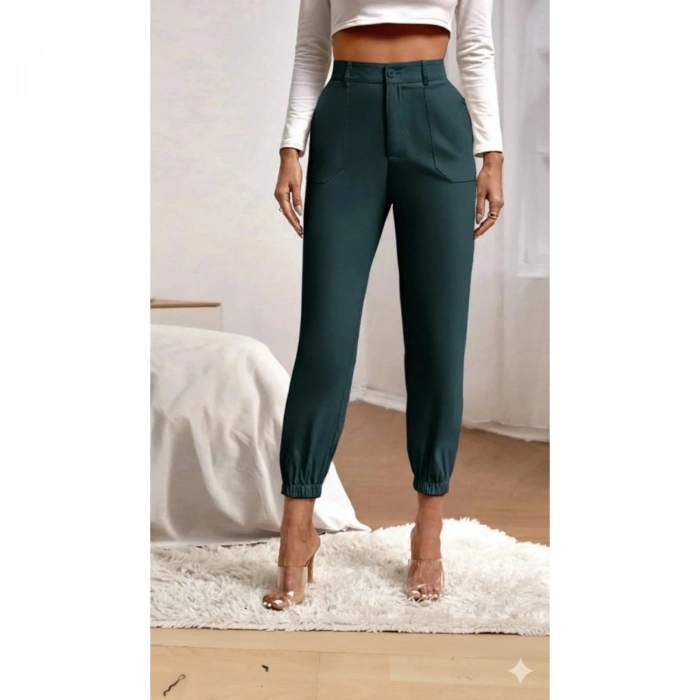 Kadın Yüksek Bel Cepli Paçası Lastikli Ithal Krep Pantolon