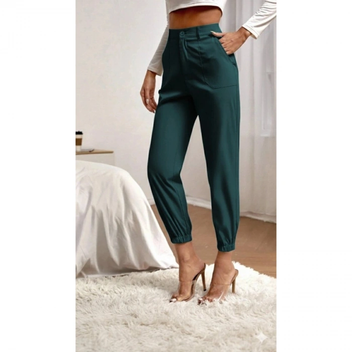 Kadın Yüksek Bel Cepli Paçası Lastikli Ithal Krep Pantolon