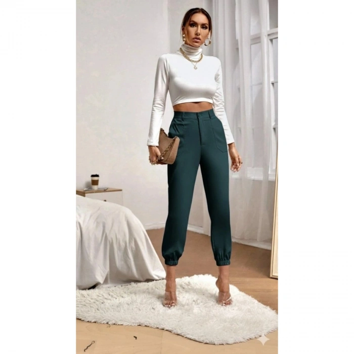 Kadın Yüksek Bel Cepli Paçası Lastikli Ithal Krep Pantolon
