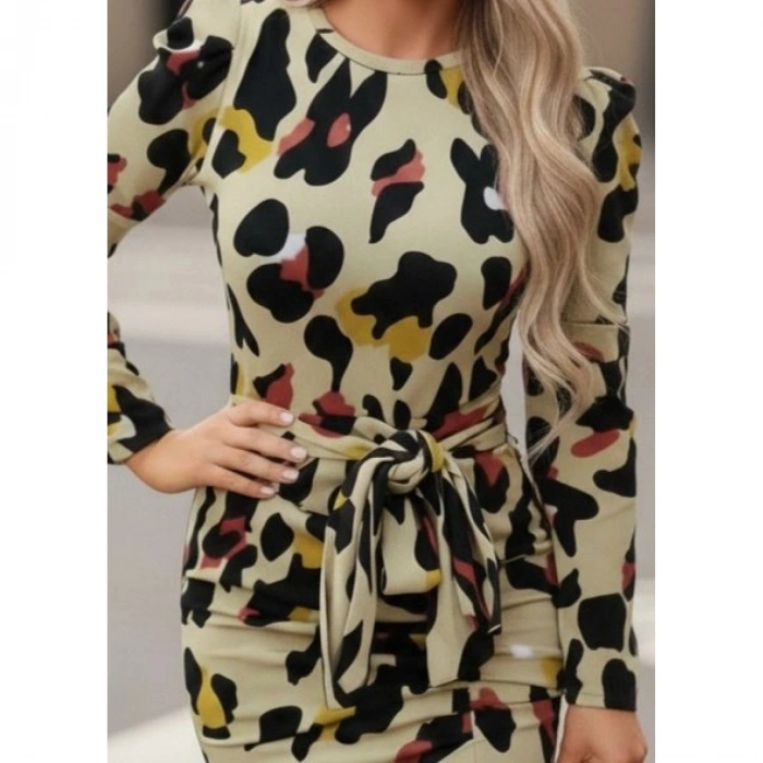 Kadın Uzun Kollu Yuvarlak Yaka Belden Kuşaklı önden Yırtmaçlı örme Krep Elbise