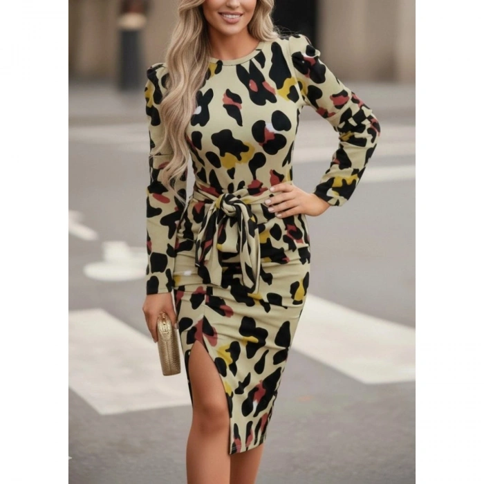 Kadın Uzun Kollu Yuvarlak Yaka Belden Kuşaklı önden Yırtmaçlı örme Krep Elbise