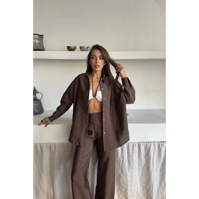 GÖMLEK-PANTOLON TAKIM CUPRA KUMAŞ - Kahverengi