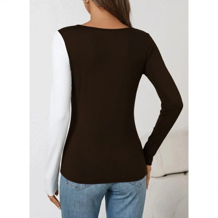 Kadın Uzun Kollu Geometrik Yaka Detaylı çift Renkli Viskon Bluz