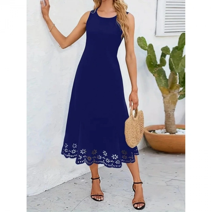 Kadın Kolsuz Etek Ucu Lazer Kesim çiçek Desenli Midi Boy Ithal Krep Elbise