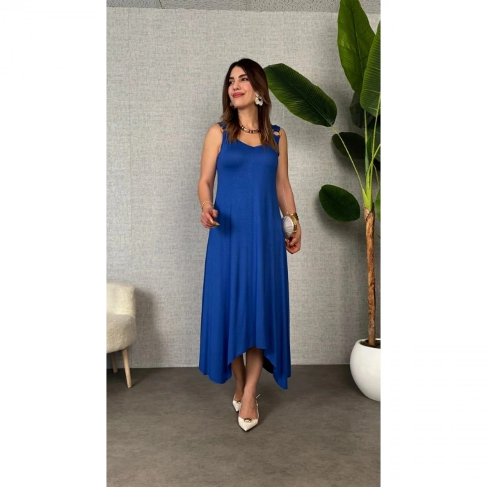 Kadın çan Dokuma Kumaş V Yaka Asimetrik Kesim Elbise