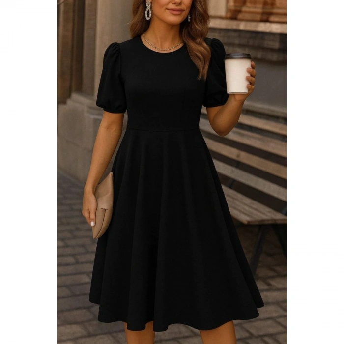 Kadın Kısa Balon Kollu Bisiklet Yaka Geniş Kesim Janjan Krep Elbise