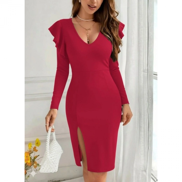 Kadın Uzun Kollu V Yakalı Yandan Yırtmaçlı Midi Ithal Krep Elbise