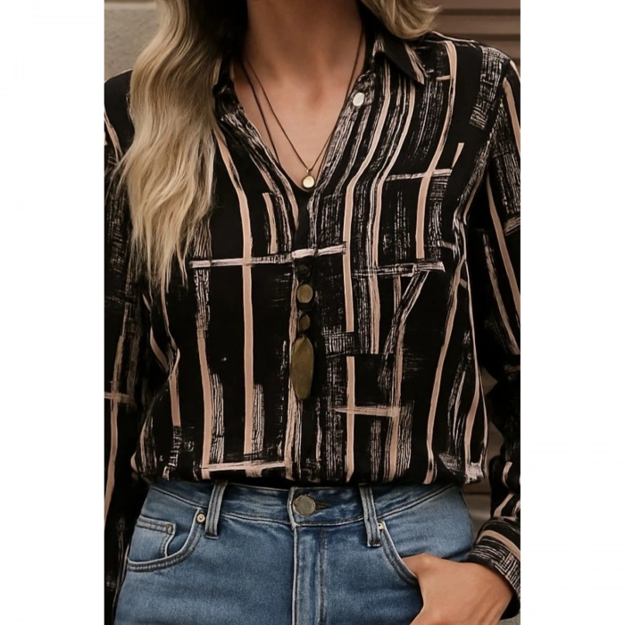 Kadın Uzun Kollu V Yakalı Desenli Dalgıç Bluz