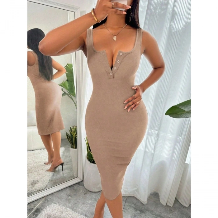 Kadın Askılı önü Düğmeli Midi Kaşkorse Elbise