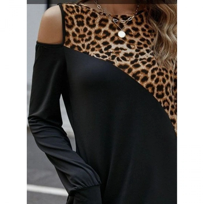 Kadın Uzun Kollu Omuzdan Açık Leopar Desenli Viskon Iki Iplik Mini Elbise