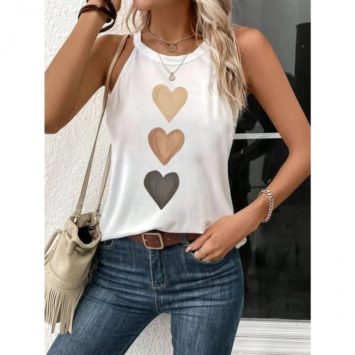 Kadın Omuzlardan Açık Boyundan Askılı Kalp Baskılı Viskon Bluz