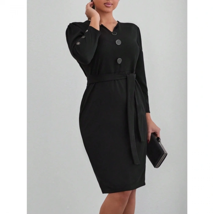 Kadın Uzun Kollu Düğme Detaylı Kendinden Kemerli Ithal Krep Elbise