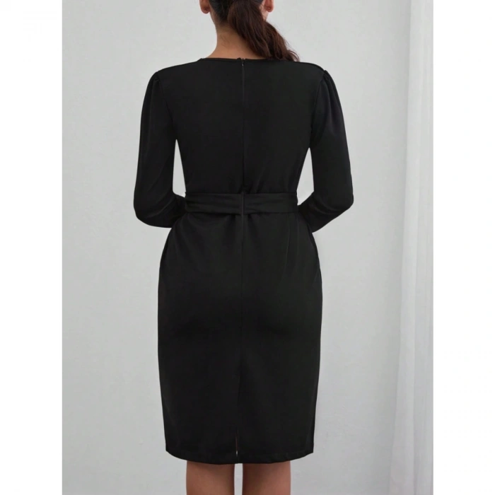 Kadın Uzun Kollu Düğme Detaylı Kendinden Kemerli Ithal Krep Elbise