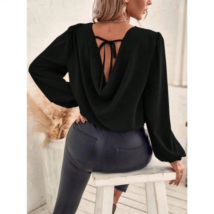 Kadın Uzun Kollu Yuvarlak Yaka Arkadan Bağcıklı Salaş Ithal Krep Bluz